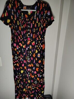 Vintage 80's-90s Smocked Rayon Maxi Dress Black Neon Floral Novelty Dress